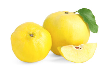 Whole and cut ripe quince fruits isolated on white