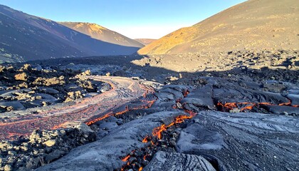 Volcanic landscape with flowing lava