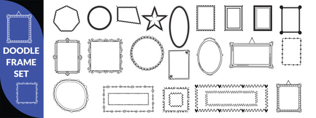 Doodle frame set, vector hand drawn stamp border, vintage abstract wavy post stamp simple design. Blue decorative rectangle label, empty banner shape collection. big set design 