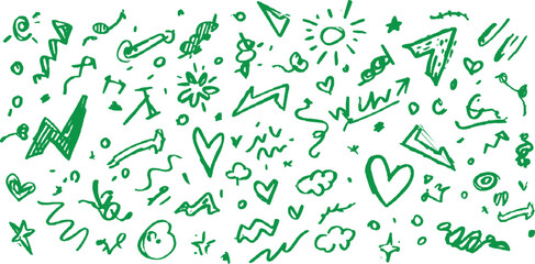 Green Hand Drawn Doodle Icons Arrows Hearts Clouds Stars Sun Shapes vector