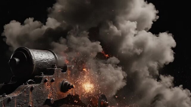 Cannon Firing with Smoke and Sparks - A dark, old-fashioned cannon is shown firing a shot, with a burst of orange flame and scattering sparks emanating from its muzzle.
