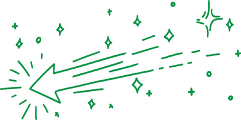 Green hand drawn arrow shooting star and sparkles on white background vector © ESIPOOS