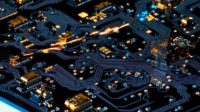 Motherboard circuitboard closeup shows microchip. Solder and component trace with visible chip. Blue light highlights electronics and pcb network. Dense semiconductor layout reveals technology design.