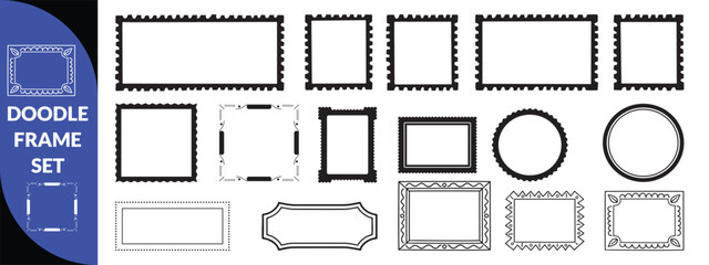 Doodle frame set, vector hand drawn stamp border, vintage abstract wavy post stamp simple design. Blue decorative rectangle label, empty banner shape collection. big set design 