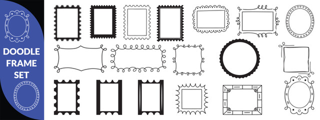 Doodle frame set, vector hand drawn stamp border, vintage abstract wavy post stamp simple design. Blue decorative rectangle label, empty banner shape collection. big set design 