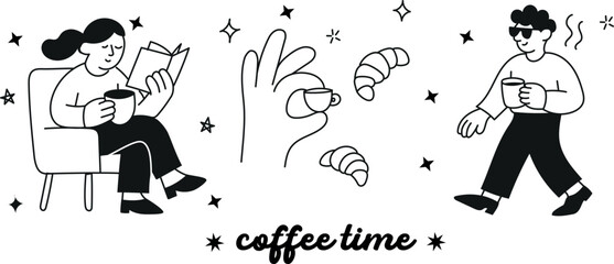 Cute doodle set inspired by morning coffee rituals. Ideal for packaging, stickers, posters, and creative branding.