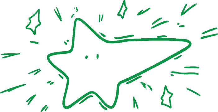 Green hand drawn star with radiating lines and smaller stars outline