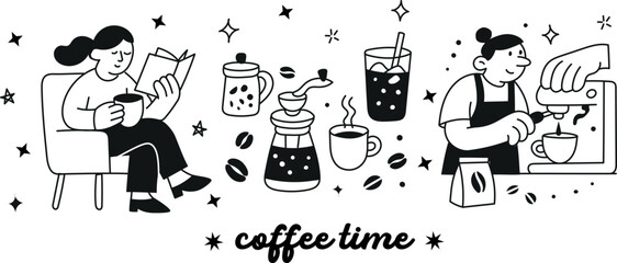Hand-drawn coffee time vector collection with croissants, mugs, and cozy characters. Perfect for cafe prints, menu design, and branding.