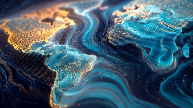 Digital world map with illuminated continents showing global network connections. Blue and gold colors represent technology and international communication data