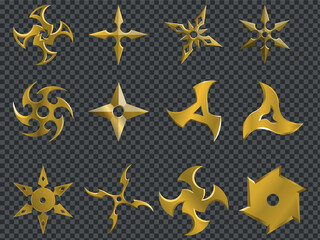 Big collection of Gold metallic throwing stars. Vector illustration of a metallic ninja star (shuriken) with sharp, symmetrical blades.
