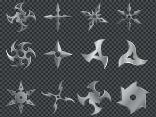 Big collection of metallic throwing stars. Vector illustration of a metallic ninja star (shuriken) with sharp, symmetrical blades. Ideal for martial arts designs, icons, or themed artwork.