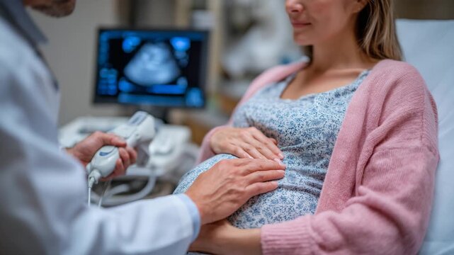 Doctor&rsquo;s steady hand maneuvering ultrasonography device over mother-to-be&rsquo;s abdomen, sterile white examination room with calm and reassuring mood