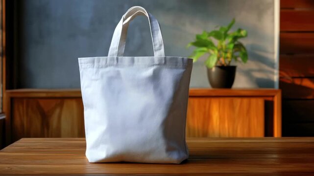 A plain white fabric tote bag stands on a wooden table with a blurred plant and warm lighting in the background