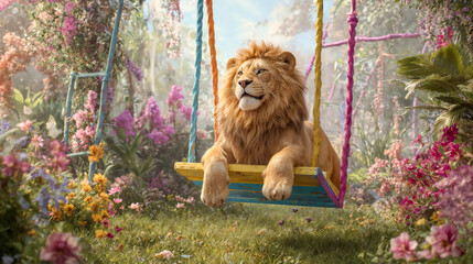 Whimsical lion relaxing on colorful garden swing surrounded by vibrant flowers in magical dreamlike setting with soft glowing light and fantasy atmosphere