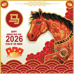 Vintage Chinese new year poster design with horse character. Chinese wording means horse.