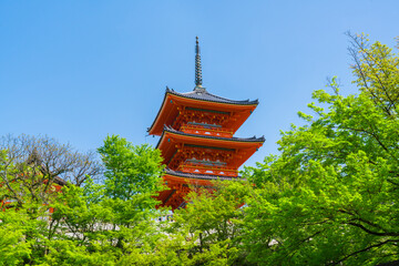 京都　清水寺の三重塔と新緑
