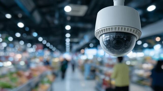 Elegant dome camera fixed in retail ceiling panel, blurred background of grocery shelves and subtle customer silhouettes in soft focus