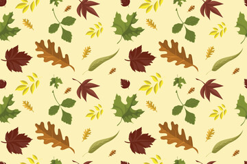 Flat illustration of a seamless autumn pattern with yellow, orange, and red leaves, acorns, and berries on a dark brown background. Perfect for fall-themed products