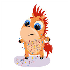 Vector illustration of a horse tangled in garland. New Year, Christmas, holiday, 2026, Horse, Chinese New Year, Horoscope, games, entertainment, relaxation, weekend, snow, fun, vacation