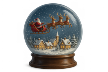 Snow globe with santa claus flying in his sleigh pulled by reindeer over a festive winter village at night
