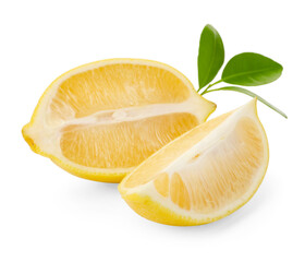 Pieces of fresh lemon and leaves isolated on white