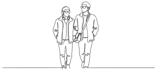 Minimalist line art illustration of two casually dressed individuals walking side by side, showing urban fashion and human connection on white background