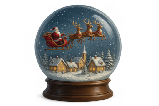Snow globe with santa claus flying in his sleigh pulled by reindeer over a festive winter village at night