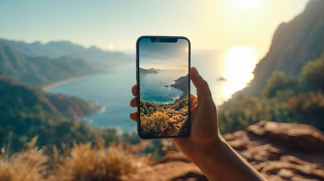 Hand holding smartphone capturing scenic coastal landscape at sunset with mountains and ocean, perfect travel photography moment during outdoor adventure vacation
