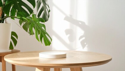 Minimalist interior with round wooden table, white dish, and monstera plant casting shadows