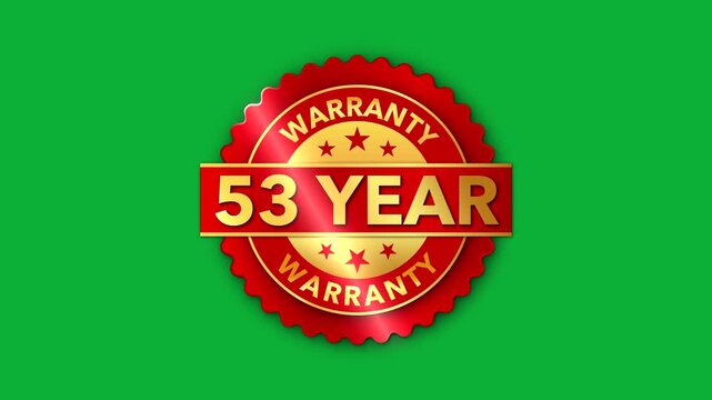 53 Year Warranty   on the green screen background. Badges Design Animation Motion graphics of warranty idea. 53 Year Warranty Stamp Imprint Seal Template. Round badge gold Stamp with Text Animation