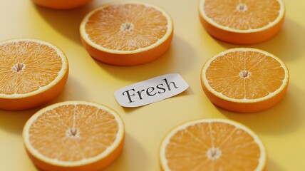 Fototapeta premium Freshly sliced oranges arranged on a yellow surface with a label saying fresh