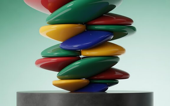 A colorful abstract sculpture of stacked, rounded shapes resembling a dna helix against a soft green background
