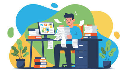 Stressed employee overwhelmed by paperwork and massive workload at the office desk