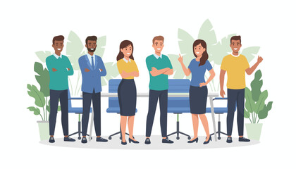 Diverse team of smiling professionals standing together confidently in a corporate office