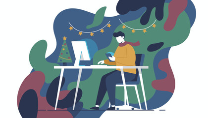 Remote worker using a computer and smartphone at a festive holiday desk