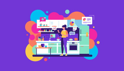 Woman uses a tablet to plan or manage businesslifestyle in a modern colorful kitchen illustration