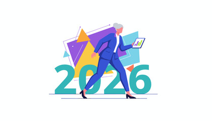 Future 2026 business success concept Executive uses tablet to plan growth and strategy