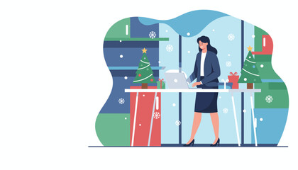 Happy businesswoman works on her laptop in a modern holidaydecorated office