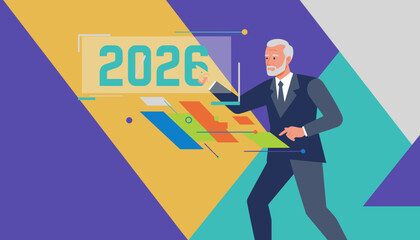 Businessman interacting with 2026 digital display Future planning and corporate strategy