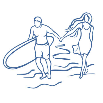 Minimalistic line art of a couple walking hand in hand along the seashore. Elegant romantic vector perfect for posters, wall decor, and wedding design.