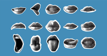 Set of smiling, screaming lips with spctrum of emotions in retro halftone effect, trendy collage element on blue background