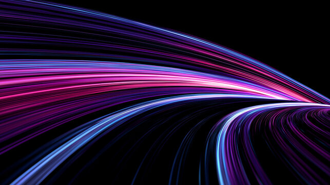 abstract background with Fast moving neon light trails in pink, purple, and blue hues, curving and twisting on a black background. digital technology concept, speed motion, futuristic design wallpaper