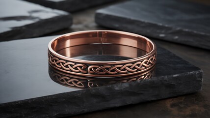 Closeup of an ornate copper bracelet with intricate celtic knotwork design resting on a dark, reflective surface