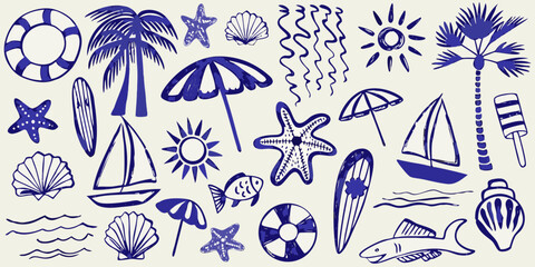 Collection of hand drawn blue summer beach vacation icons and elements on a light background © Tasnim