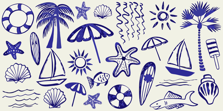 Collection of hand drawn blue summer beach vacation icons and elements on a light background
