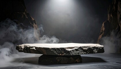 Stone pedestal with mist and spotlight in dark rocky environment