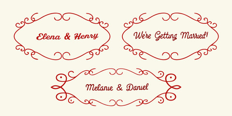 Elegant red decorative frames and text elements for wedding invitations and announcements