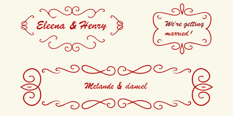 Elegant red swirl flourish frames with wedding couple names and announcement