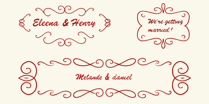 Elegant red swirl flourish frames with wedding couple names and announcement - Powered by Adobe