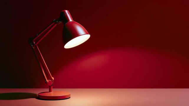 A red adjustable desk lamp illuminates a surface and a deep red background casting a bright warm glow